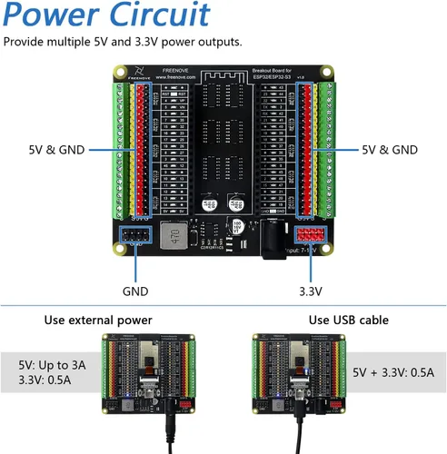 Miniatura 5 de Placa de ruptura Freenove para ESP32 / ESP32-S3 WROVER WROOM, Shield HAT con bloque de terminales y cabecera de pines, salidas de alimentación de 5V