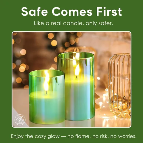 Miniatura 6 de Eywamage Juego de 3 velas LED de cristal verde, con forma de columna gruesa, funcionan con pilas, con control remoto, sin llama, parpadeantes