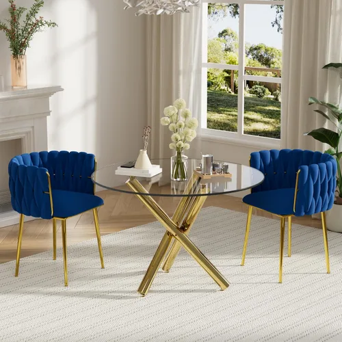 Miniatura 21 de Juego de mesa redonda dorada para 4, juego de mesa de comedor de 39'' con tapa de vidrio transparente, juego de mesa de cocina circular moderna de 5