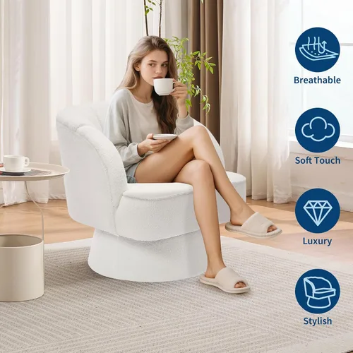 Miniatura 3 de GarveeHome Silla de Acento Moderna Giratoria Tipo Barril, Sillón Tapizado en Tela Teddy de 360° con Respaldo a Rayas y Acolchado de Felpa, Cómoda