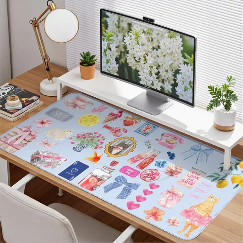 Miniatura 2 de Tapete de escritorio azul con diseño de gato kawaii, retro, vintage, grande, XXL, tapete de mouse para computadora, teclado, laptop, mouse, A5