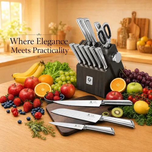 Miniatura 9 de imarku Juego de cuchillos de cocina con bloque y afilador incorporado, juego de 14 piezas de cuchillos de acero inoxidable japonés con cuchillo Negro