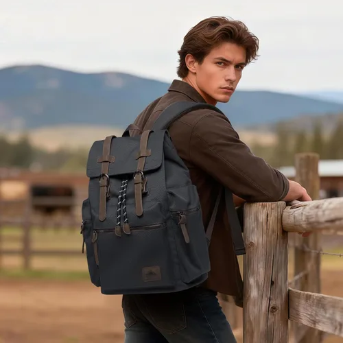 Miniatura 7 de MOYYI Mochila de lona para hombre para laptop de 13 a 17.3 pulgadas, mochila vintage duradera con ribete de cuero para uso diario, universidad