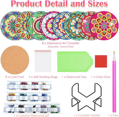Miniatura 3 de Billbotk Juego de 8 posavasos de pintura de diamantes con soporte, posavasos de arte de diamante, artes y manualidades para adultos, pequeños kits