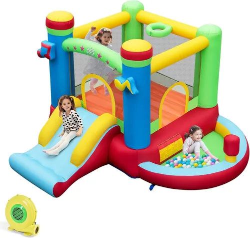 Casa de rebote inflable BOUNTECH con pozo de bolas, casa hinchable para niños en interiores y exteriores con gran área de salto, aro de baloncesto,