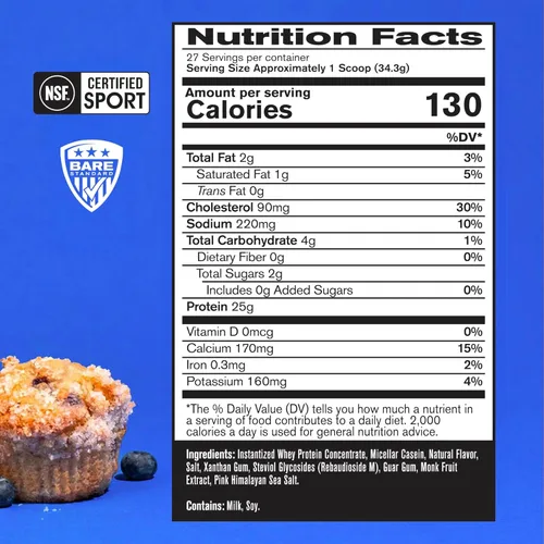 Miniatura 2 de BARE PERFORMANCE NUTRITION, Mezcla de proteína en polvo BPN de suero y caseína, sabor a muffin de arándano, 25g de proteína por porción, apoya