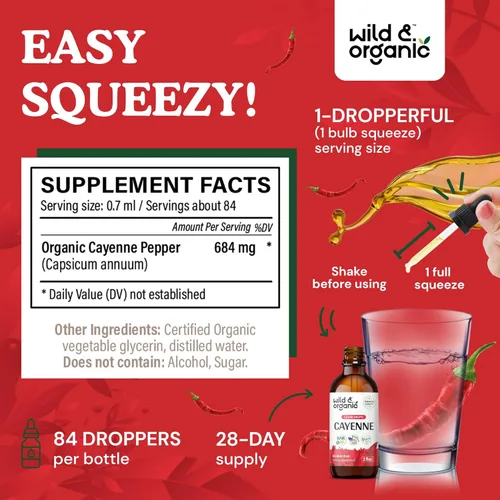 Miniatura 3 de Wild & Organic Gotas de extracto de pimienta de cayena - Antioxidante y apoyo digestivo - Suplementos líquidos de capsaicina para una absorción