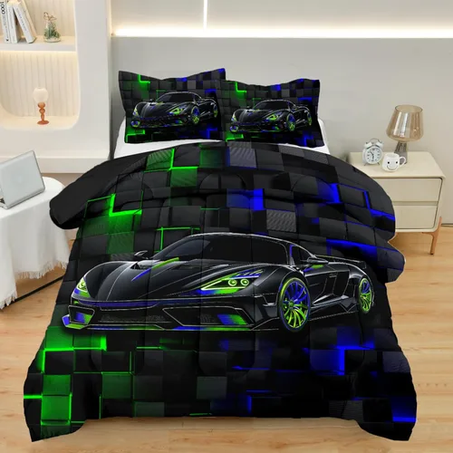 Miniatura 11 de Juego de Ropa de Cama Individual para Niños con Coches de Carrera, Juego de Edredón de Tamaño Individual con Coche Deportivo Azul para Niños, Juego