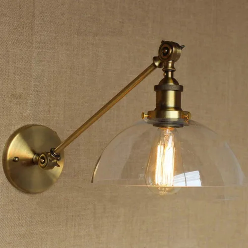 Miniatura 6 de Iluminación de pared industrial vintage de 1 luz con pantalla de vidrio transparente con brazo oscilante ajustable, lámpara de pared de cabecera