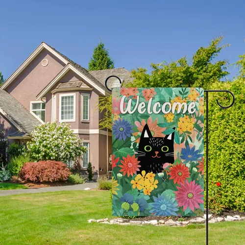 Miniatura 6 de Dyrenson Bandera decorativa de jardín con diseño de gato negro de primavera, casa de gatito, patio, césped, margaritas, flores rojas y azules