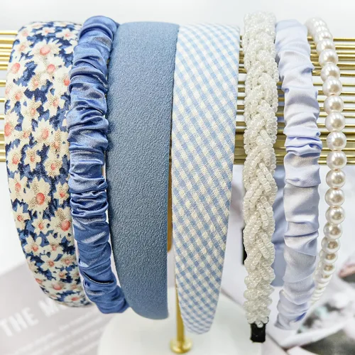 Miniatura 5 de 7 diademas de moda diferentes para mujer, diademas de flores antideslizantes, lindas diademas de perlas para niñas, diadema ancha vintage para Azul