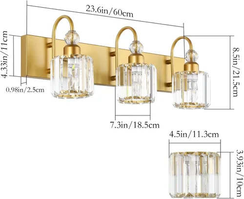 Miniatura 5 de Ralbay Luces doradas para tocador de baño, 3 luces, luces de tocador de cristal dorado sobre el espejo, accesorios de iluminación de tocador de baño
