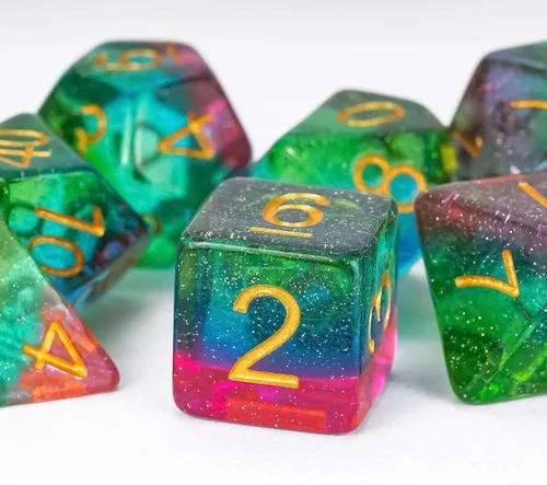 Miniatura 18 de Juego de dados de resina para DND, juego de 7 dados poliédricos negros D&D rellenos con papel de colores brillantes para juegos de rol