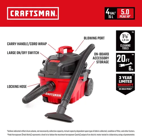 Miniatura 2 de CRAFTSMAN CMXEVBE17040 Aspiradora para Seco y Húmedo de 4 Galones, 5.0 HP Máximo, Aspiradora de Taller Portátil para Seco y Húmedo con Filtro