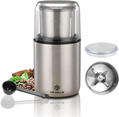DR MILLS DM-7452 Molinillo de café eléctrico, molinillo de especias eléctrico y picador, taza desmontable, sin lavavajillas, hoja y taza fabricada