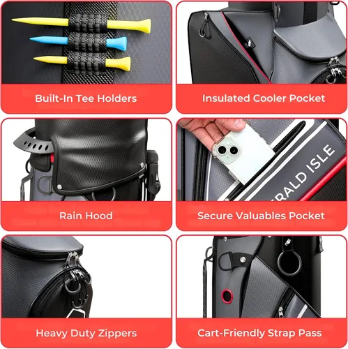 Miniatura 6 de Emerald Isle Bolsa de Golf de Pie con Divisor de Longitud Completa de 14 Vías, Bolsa de Transporte Resistente con Capucha para Lluvia, Múltiples