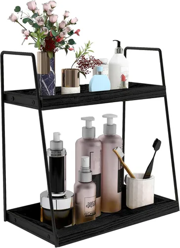 Dorhors Organizador de encimera de baño de 2 niveles, organizador de tocador para encimera de baño, estante de madera para cocina (negro)