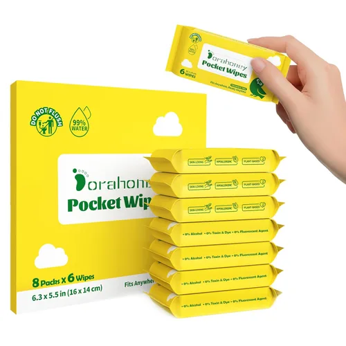 Toallitas húmedas de viaje sin perfume, 99% de agua purificada para pieles sensibles, toallitas de bolsillo hipoalergénicas y sin plástico, 48