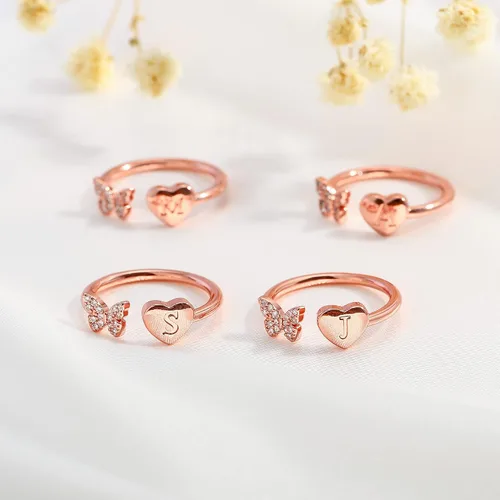 Miniatura 7 de Anillos apilables con iniciales para mujeres y niñas, chapados en oro rosa, con letra mayúscula, para mujeres, adolescentes, niñas, anillos