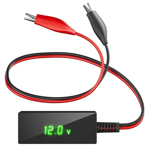 SUNAPEX Probador digital de voltaje de batería, voltímetro de batería con pantalla LCD y clips de cocodrilo, comprobador de batería de 6 V, 12 V, 24