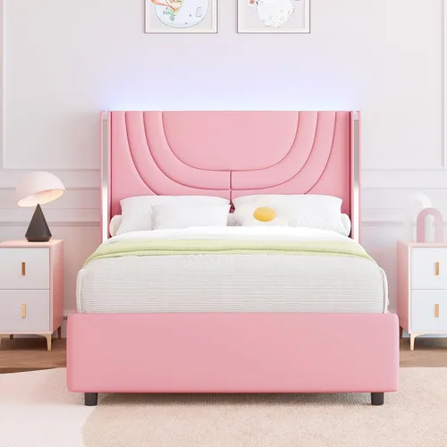 Miniatura 13 de REVOMINCA Base de cama individual con luces LED, plataforma tapizada de piel sintética con cabecera de ala plateada, estilo moderno, no necesita