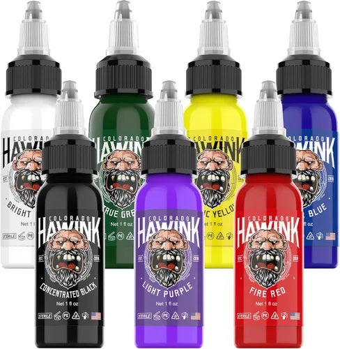 HAWINK Tinta de tatuaje – 7 colores, 1 onza (1.0 fl oz), apta para veganos, tinta de pigmento estándar de Estados Unidos, uso profesional, orgánica,