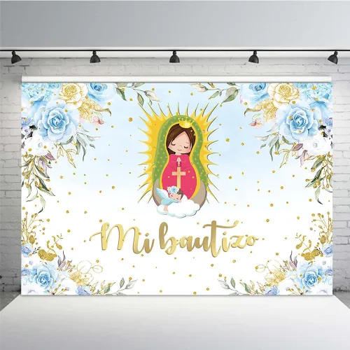 Miniatura 7 de MEHOFOND Telón de fondo de bautismo Mi Bautizo de 8 x 6 pies, acuarela, rosa, floral, hierba de las pampas, fondo de baby shower, fondo de baby