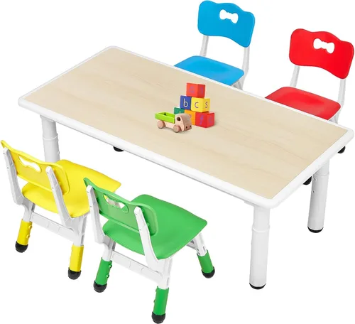 Miniatura 10 de FUNLIO Juego de mesa y 4 sillas para niños, juego de mesa y sillas ajustables en altura para niños de 3 a 8 años, mesa fácil de limpiar para Azul
