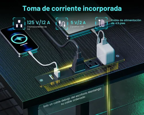 Miniatura 5 de Casaottima Escritorio para juegos en forma de L de 51 pulgadas con estantes y tomas de corriente, escritorio reversible para computadora