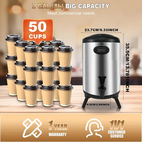 Miniatura 8 de Dispensador de bebidas aislado de 2 galones, dispensador de bebidas calientes de acero inoxidable con soporte, dispensador de agua caliente térmico
