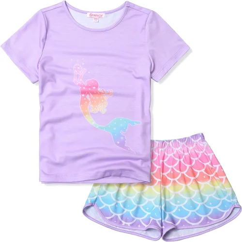 Miniatura 25 de QPANCY Pijamas de verano para niñas, conjuntos de pijamas de manga corta para dormir de verano