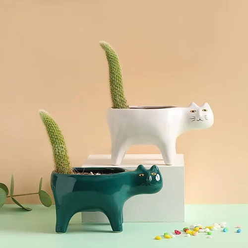Miniatura 4 de DIYOMR Macetero de animales para suculentas, macetas de cerámica para gatos, contenedores de cactus o plantas para decoración del hogar, oficina