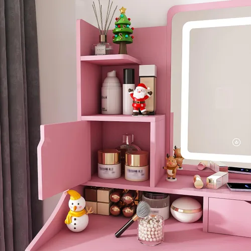 Miniatura 8 de Escritorio pequeño con espejo y luces, juego de tocador de maquillaje rosa con 2 cajones y taburete, tocador de maquillaje compacto para dormitorio