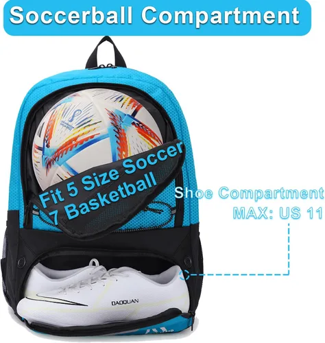 Miniatura 3 de Hsmihair - Bolsa de fútbol - Mochila de fútbol y mochila para fútbol, voleibol y baloncesto, con compartimento para pelota y tacos separados Azul