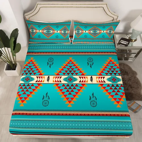 Miniatura 22 de Juego de ropa de cama occidental tamaño individual, sábanas aztecas, estilo nórdico exótico, bohemio, sábana bajera ajustable de tribu india