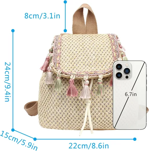 Miniatura 3 de Meyaus Mochila tejida de paja pequeña con borlas y cordón para mujer, Borlas Caqui, Mochilas Daypack