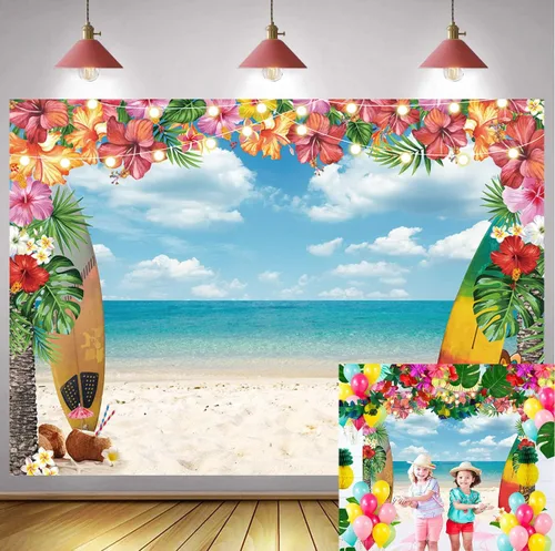 Miniatura 8 de Fondo de playa hawaiana para verano, cielo, océano, palmera tropical, tabla de surf, fondo de fotografía, baby shower, decoración de fiesta