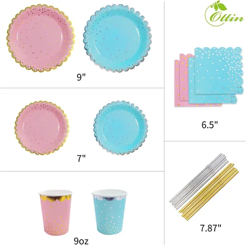 Miniatura 3 de Ottin Juego de 240 platos y servilletas de papel desechables rosa y azul, platos llanos de 9 pulgadas y platos de postre de 7 pulgadas, suministros