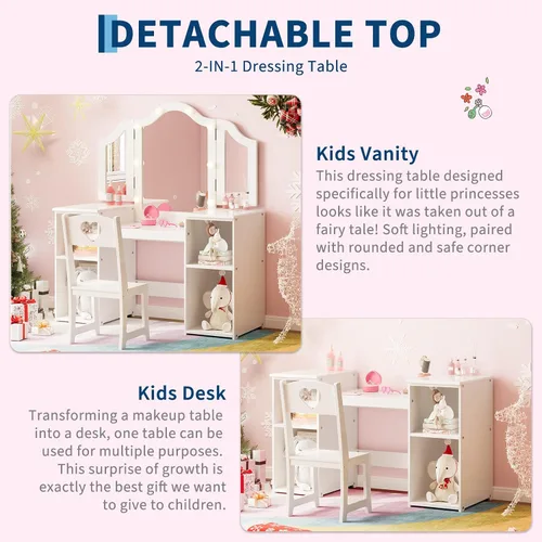 Miniatura 5 de GarveeHome Tocador para niños con luces, gabinete de almacenamiento y espejo plegable desmontable con luz táctil, juego de mesa y silla para niños