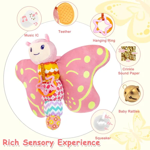 Miniatura 2 de Juguetes para bebés de 0 a 6 meses, animal de peluche sensorial musical infantil con chirriador, sonajero, alas arrugadas, mordedor y anillo