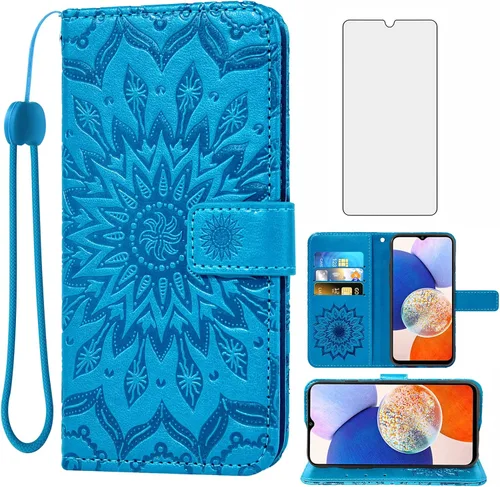Asuwish Funda de teléfono para Samsung Galaxy A14 5G con protector de pantalla de vidrio templado y funda delgada de piel de girasol, soporte para