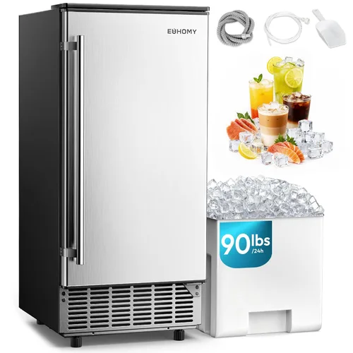 EUHOMY Máquina de hielo comercial bajo mostrador de 15" de ancho, 90 lb/día, autolimpieza y temporizador de 24H, drenaje por gravedad, máquina de