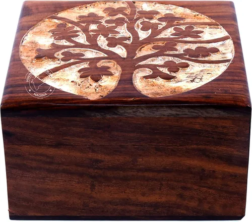 Miniatura 35 de Urna de madera antigua hecha a mano con grabado del árbol de la vida tallada a mano para mujeres y hombres, joyas Acentos de decoración del hogar