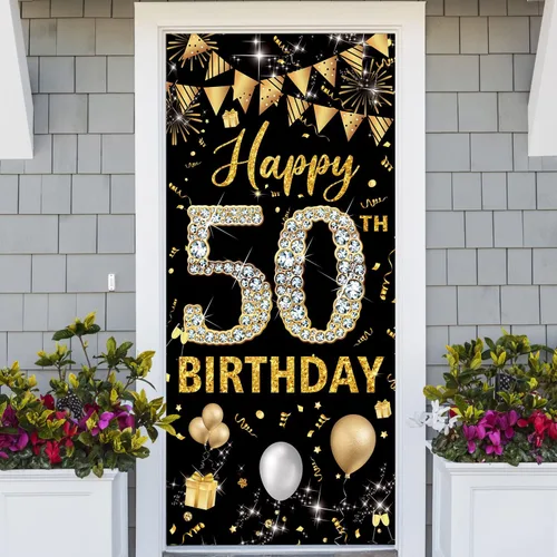 Miniatura 6 de Decoración de cumpleaños número 50 para puerta, decoración de feliz cumpleaños 50 negro y dorado para mujeres y hombres, decoración de póster