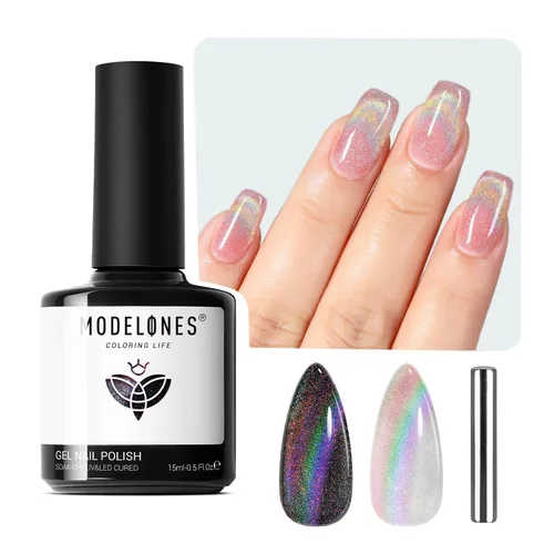 Miniatura 9 de Modelones Esmalte de uñas de gel ojo de gato arco iris con lentejuelas plateadas holográficas, esmalte de uñas de gel 9D con barra magnética, apto