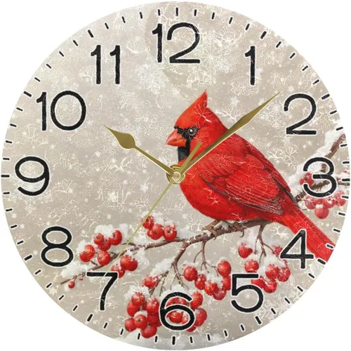 Miniatura 5 de ALAZA Reloj de pared de copo de nieve de pájaro rojo, funciona con pilas, silencioso, de cuarzo, analógico, rústico, rústico, reloj redondo, Rojo