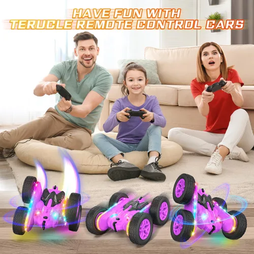 Miniatura 5 de Terucle Coche de Control Remoto, Coches RC Acrobacias Juguetes de Coche RC Nuevas Luces LED y Faros Mejorados Juguetes para Niñas Doble Cara Morado