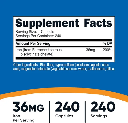 Miniatura 2 de Nutricost Hierro quelado, Como Ferrochel, 36 mg, 240 Cápsulas (2 Botellas)
