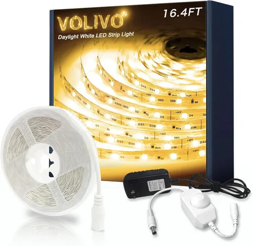 Miniatura 7 de VOLIVO - Tira de luces LED blancas, 16.4 pies, tira de luces LED de intensidad regulable 6500K, luz blanca brillante de día, adhesivo fuerte, tira