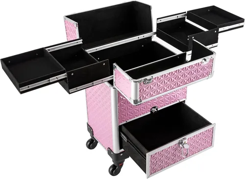 Miniatura 11 de Estuche de maquillaje con ruedas para cosméticos, carrito grande para cosméticos con cerraduras, organizador de almacenamiento de cosméticos, Negro